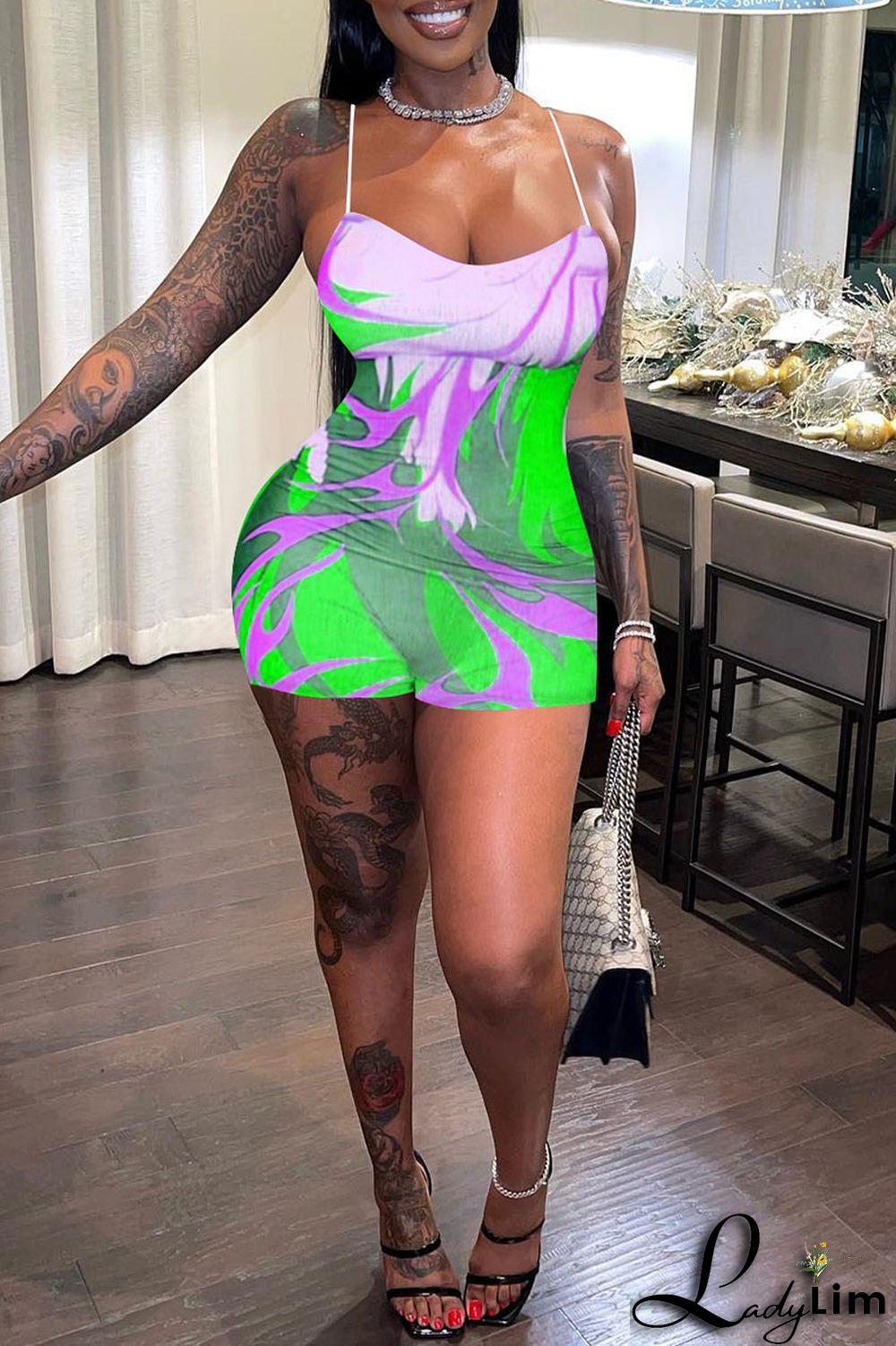 Green Sexy Print Patchwork Spaghetti Strap Regular Jumpsuits