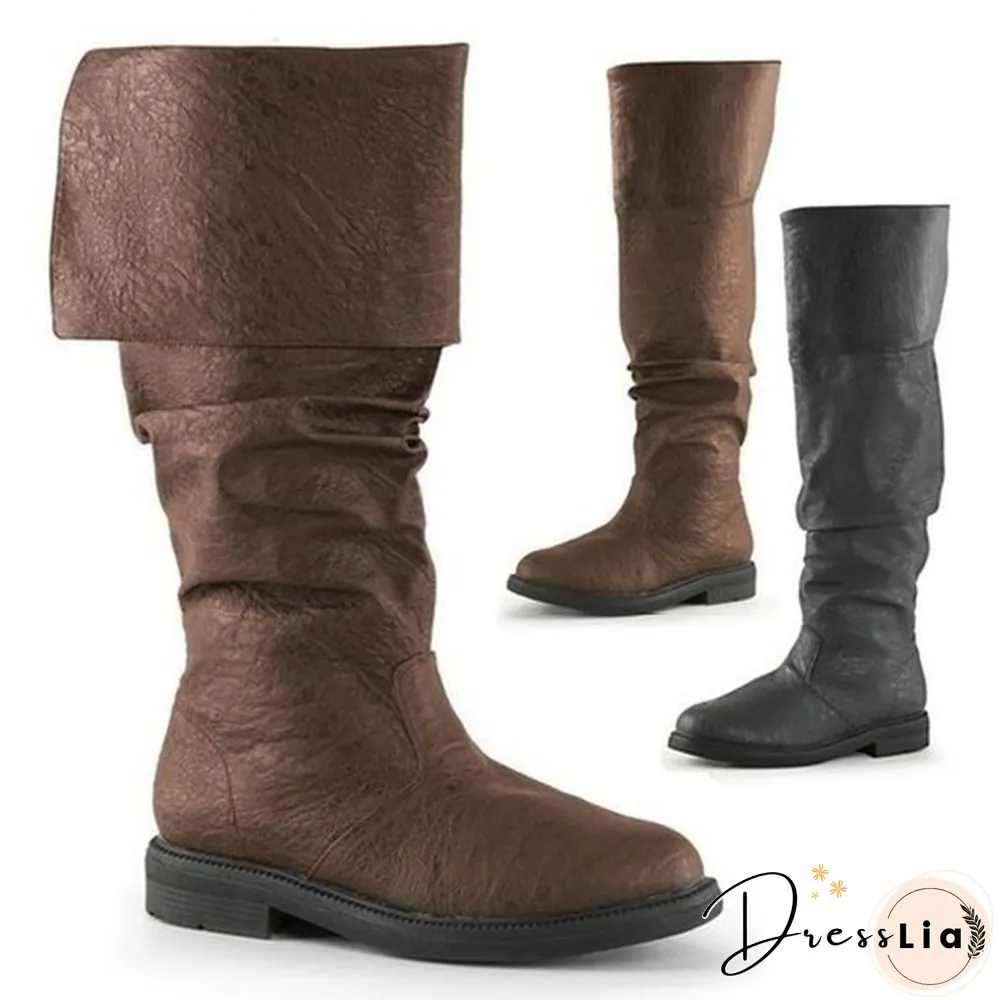 New Couple Boots Robin Hood Boots Men's Flat Heel Cuffed Knee High Renaissance Boots Medieval Black Brown Pu Shoes