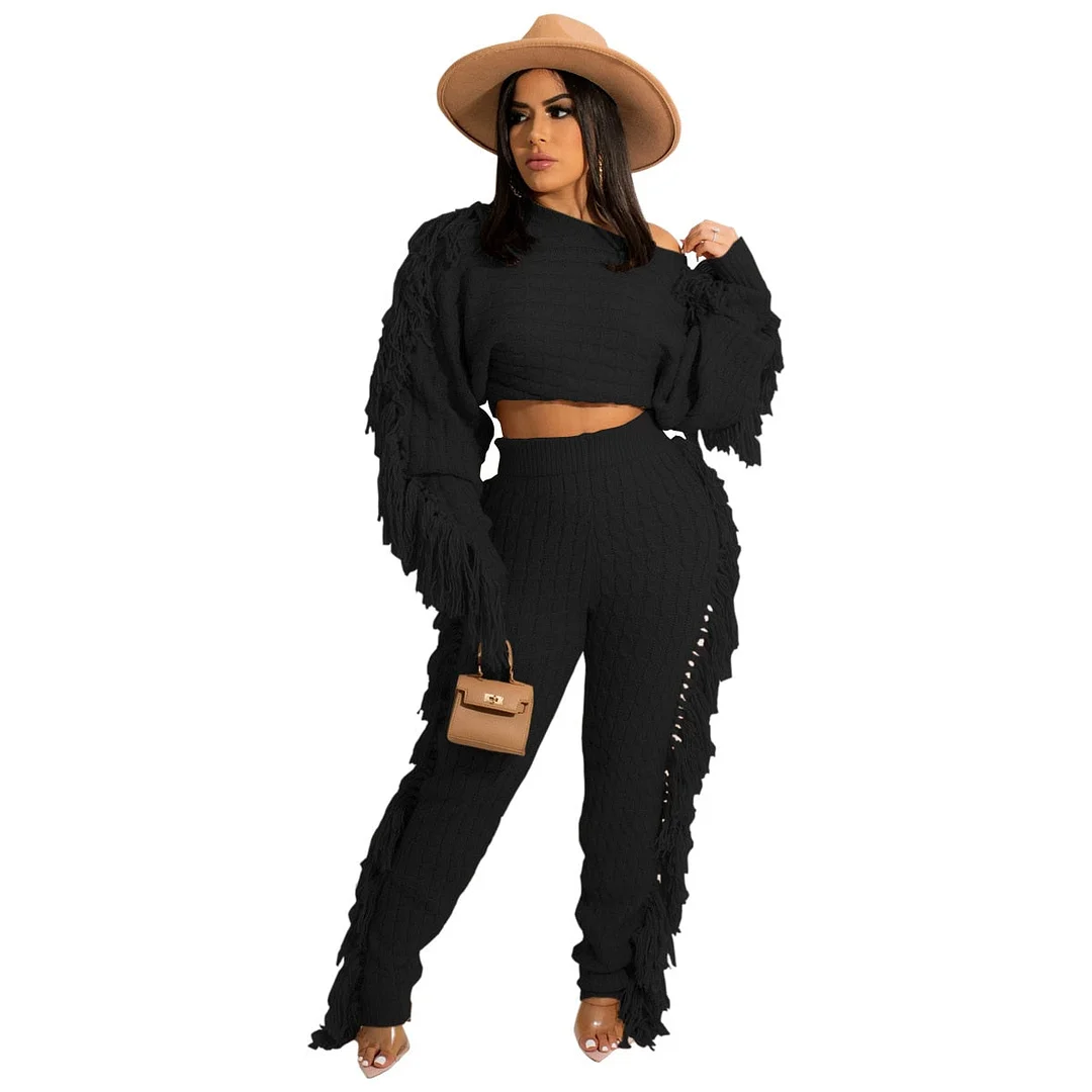 ANJAMANOR Tassel Knitted Sweater Sexy Two Piece Set Matching Pants Sets Fashion Winter Outfits for Women 2021 Wholesale D62-HZ95