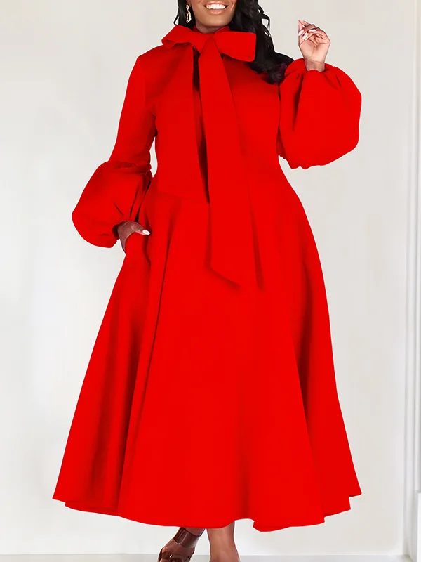 Solid Color Tied High Waisted Long Sleeves Mock Neck Midi Dresses