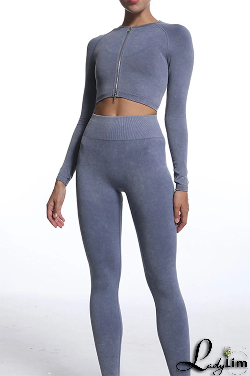 Blue Gray Casual Sportswear Solid Patchwork Zipper Long Sleeve Top And Trousers Two Piece Set