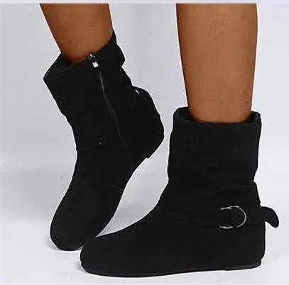 Winter 2021 Flat Ankle Boots Sexy Boots Ladies Suede Side Zipper Buckle Boots Ladies Botas Mujer Snow Boots