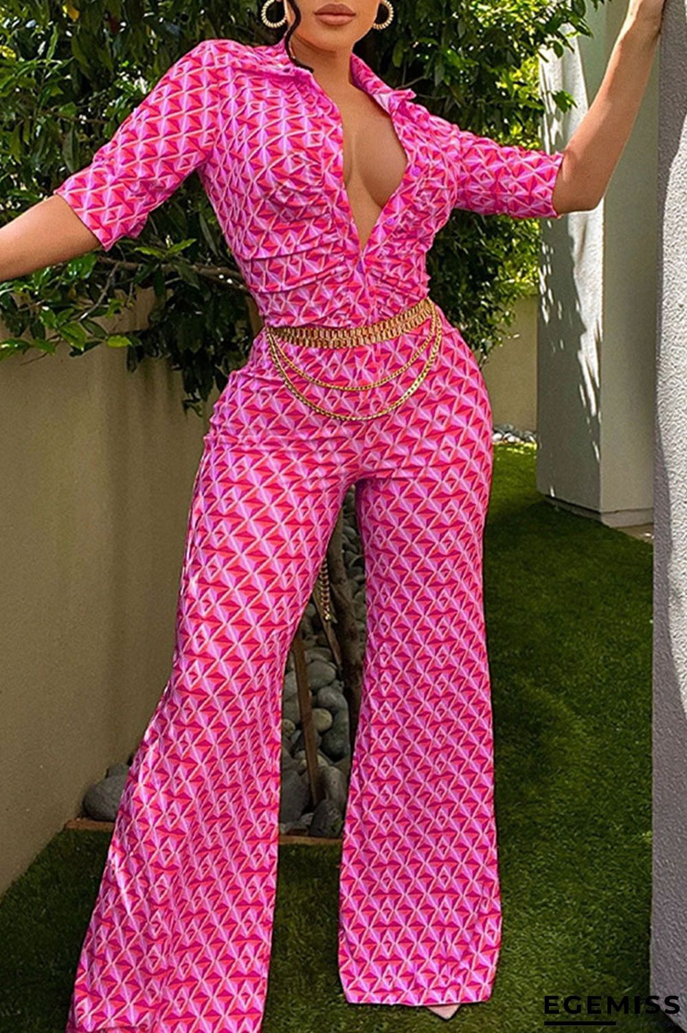 Pink Fashion Casual Print Patchwork Buckle Turndown Collar Straight Jumpsuits(Without Belt) | EGEMISS