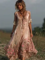 Boho Pink Roses Floral Embroidered Flowy Linen Maxi Dress