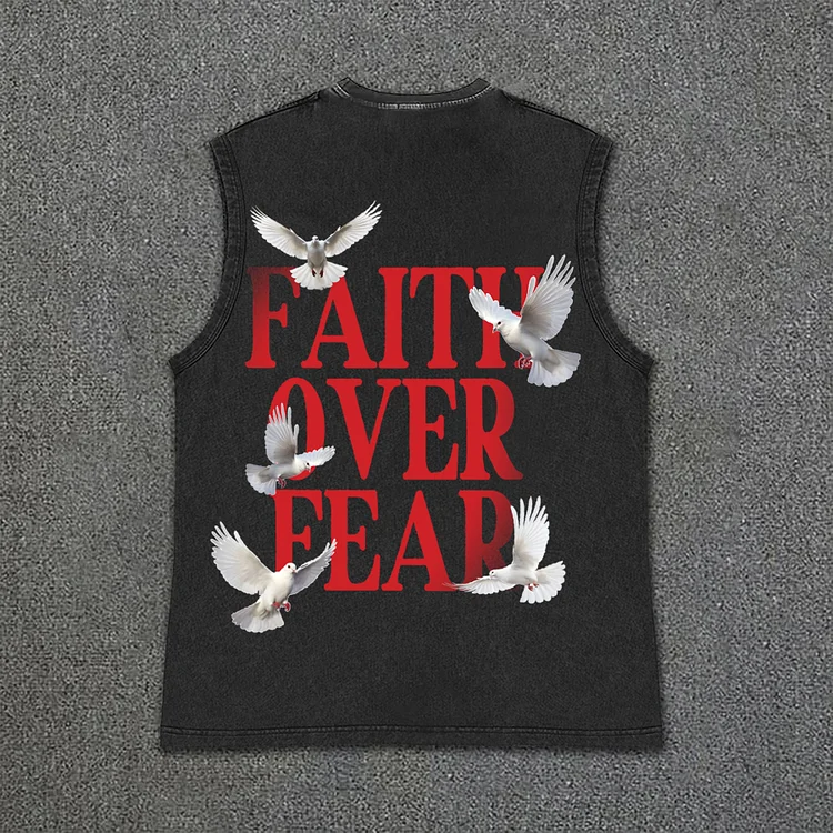 Men's Vintage Faith Over Fear Print Acid Washed Tank Top