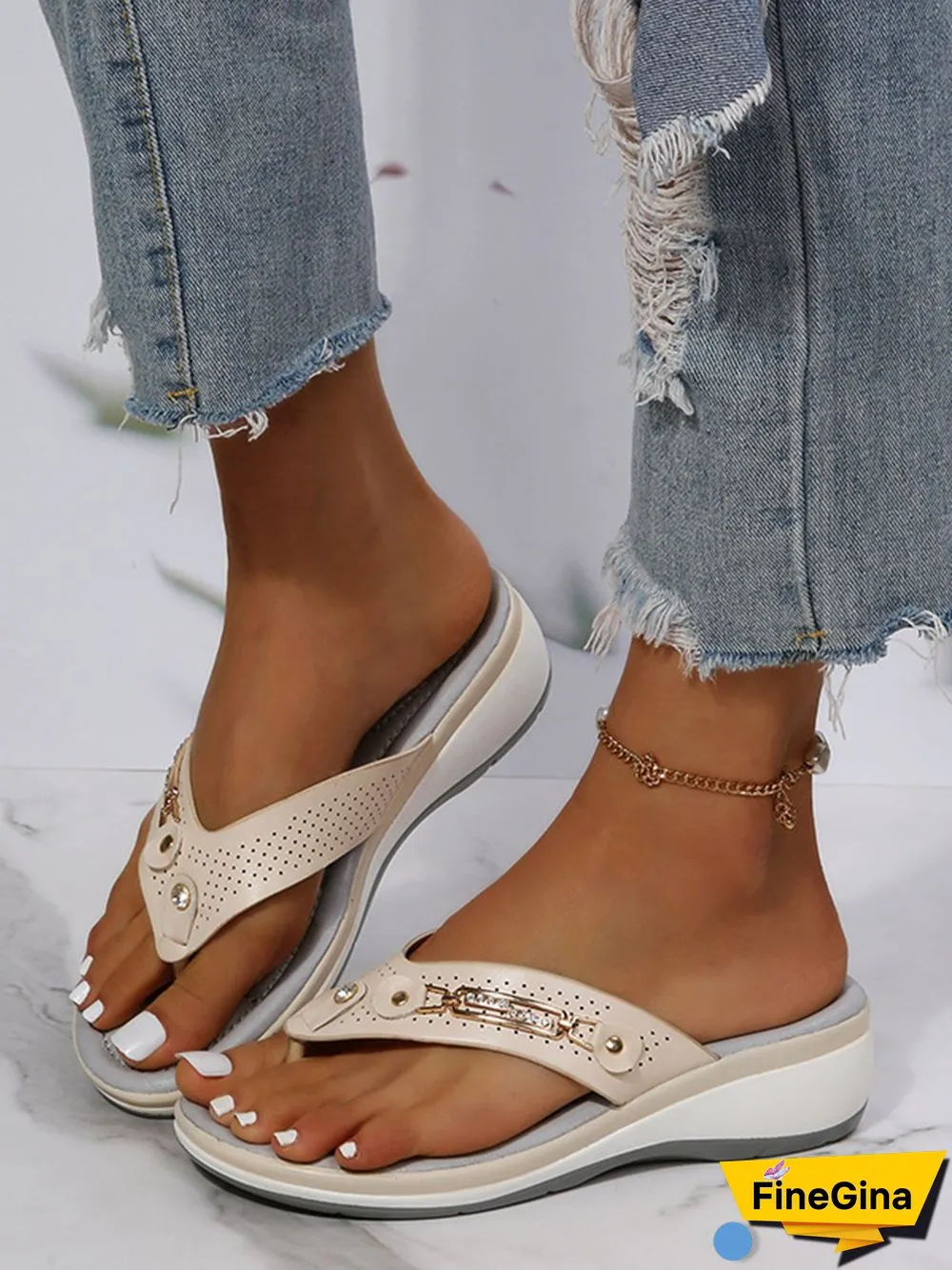Metal Rhinestone Slope Heel Flip-Flops