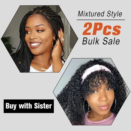 WEQUEEN 2Pcs Water Wave Headband Wig & Braided Lace Front Wig Package