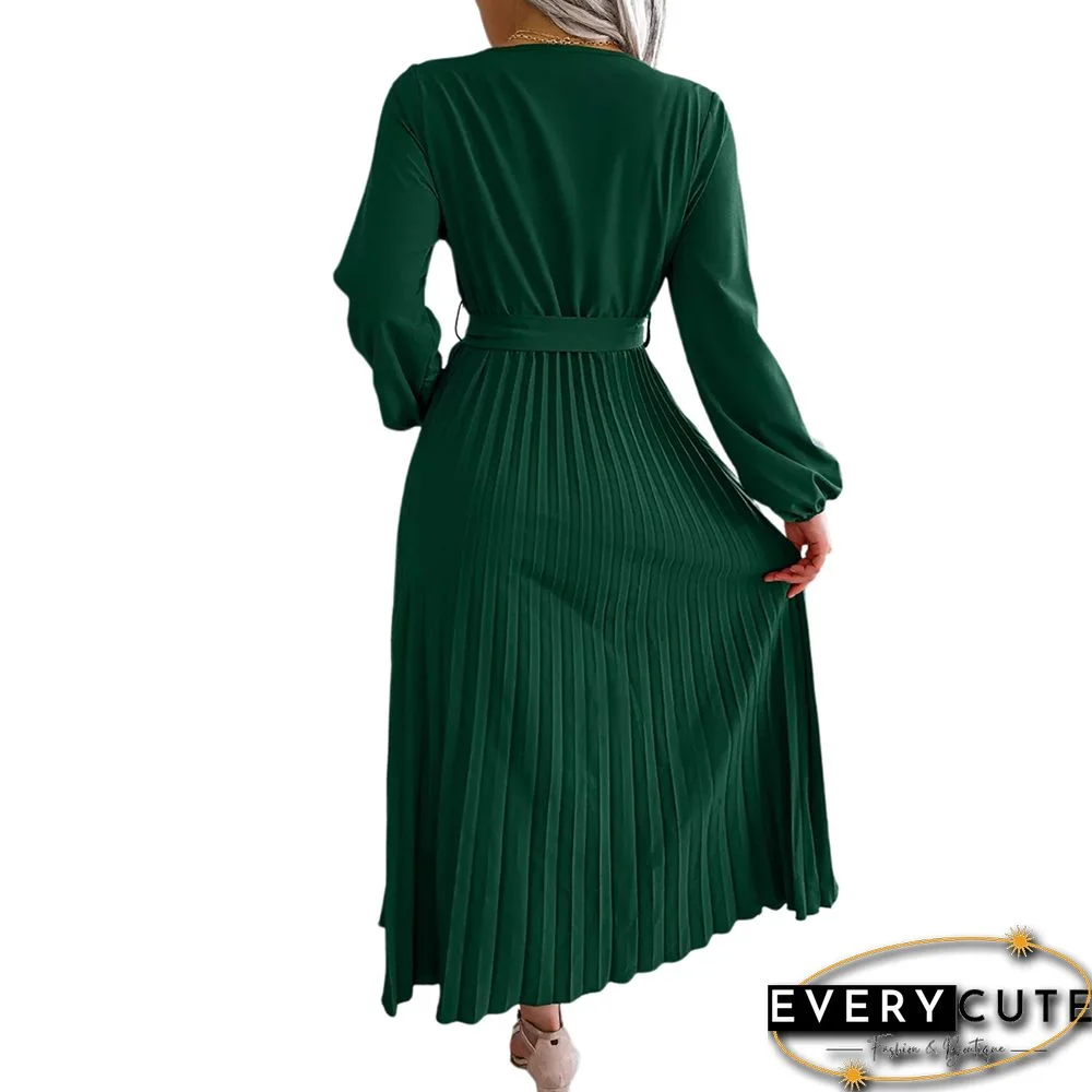 Green Wrap V Neck Pleated Long Sleeve Long Dress