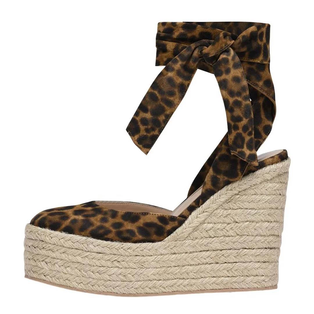 Leopard Print Round Toe Ankle Strap Platform Espadrille Sandals