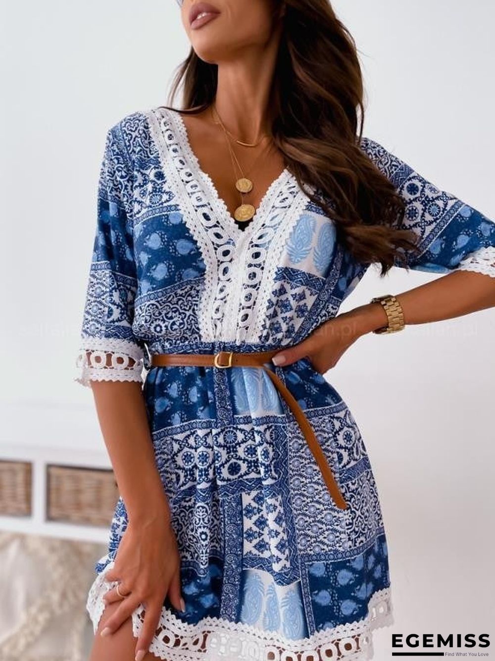 New Lace Printed Dress with Belt | EGEMISS