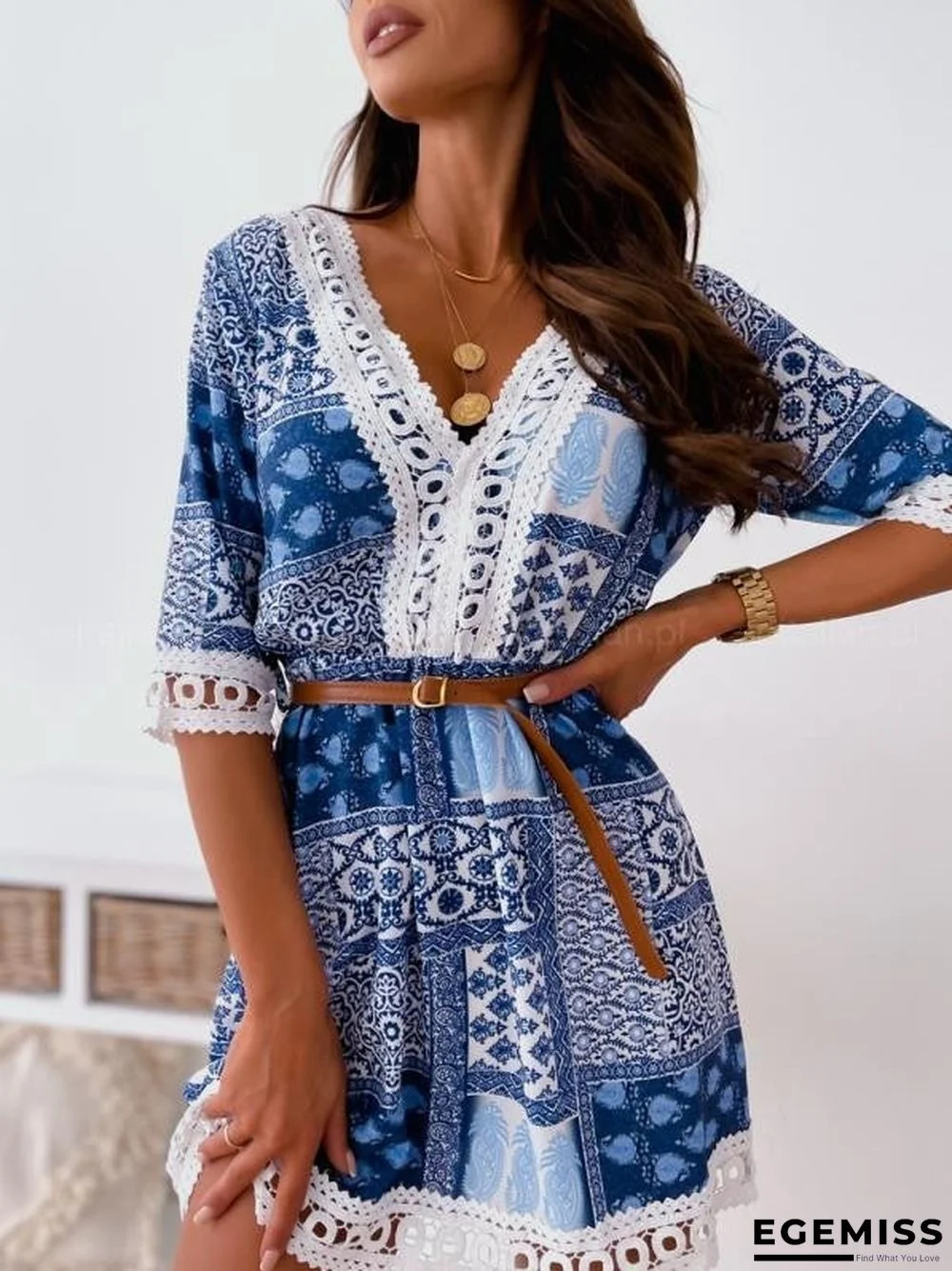 New Lace Printed Dress with Belt | EGEMISS