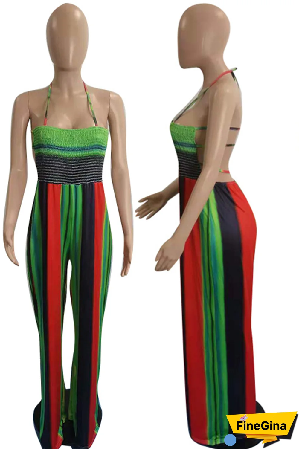 Pink Street Striped Draw String Halter Plus Size Jumpsuits