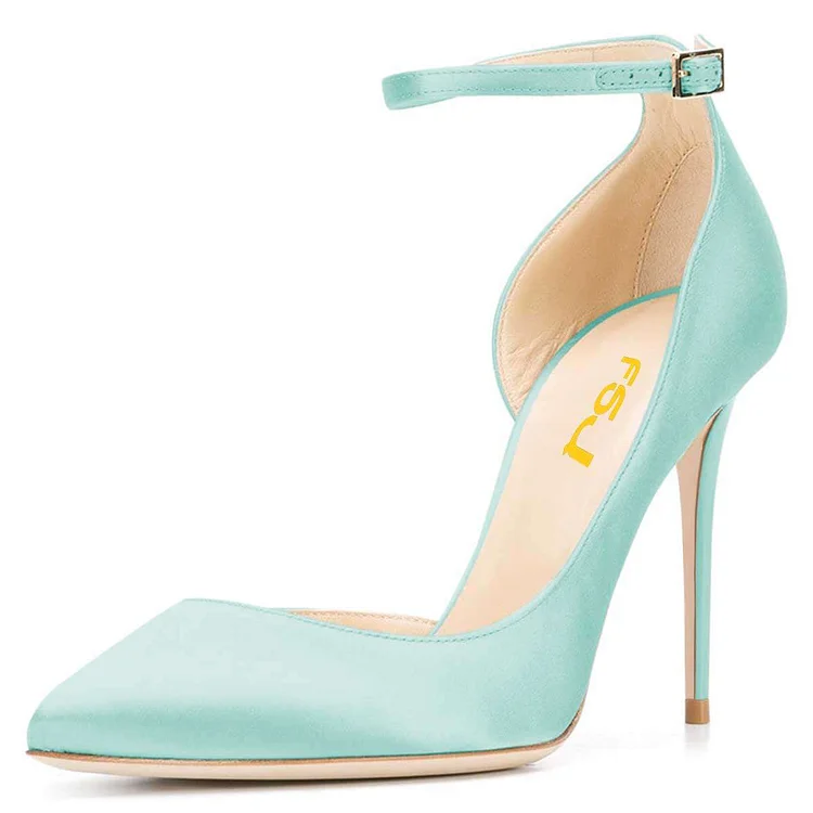 Turquoise Satin Dorsay Ankle Strap Heels Pumps |FSJ Shoes