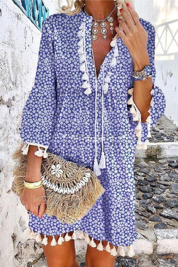 Womens V-neck Floral Printed Tasseled Dress-Allyzone-Allyzone