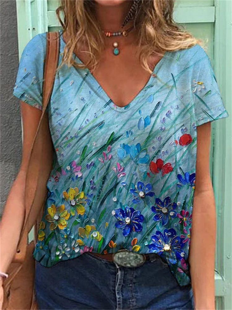 Flowers Oil Painting V Neck T Shirt