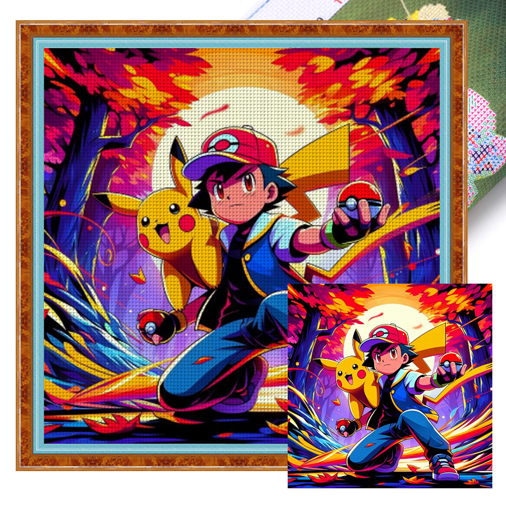 Satoshi And Pikachu Full 11CT Pre-stamped Canvas(40*40cm) Cross Stitch