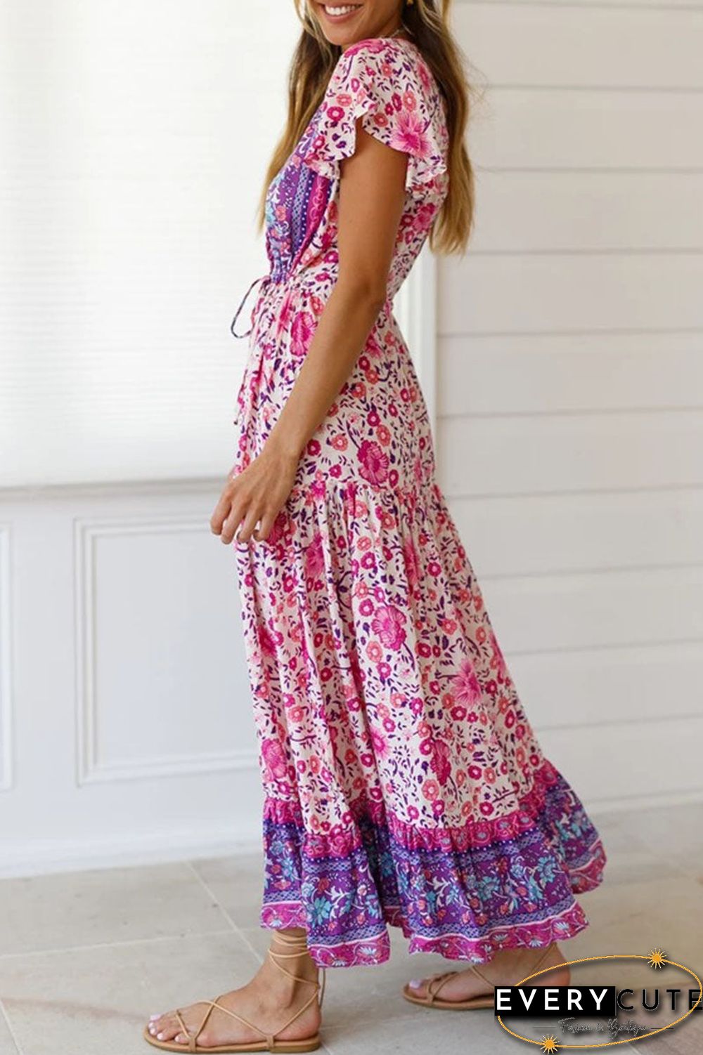 Fashion Street Print Split Joint V Neck Pleated Dresses