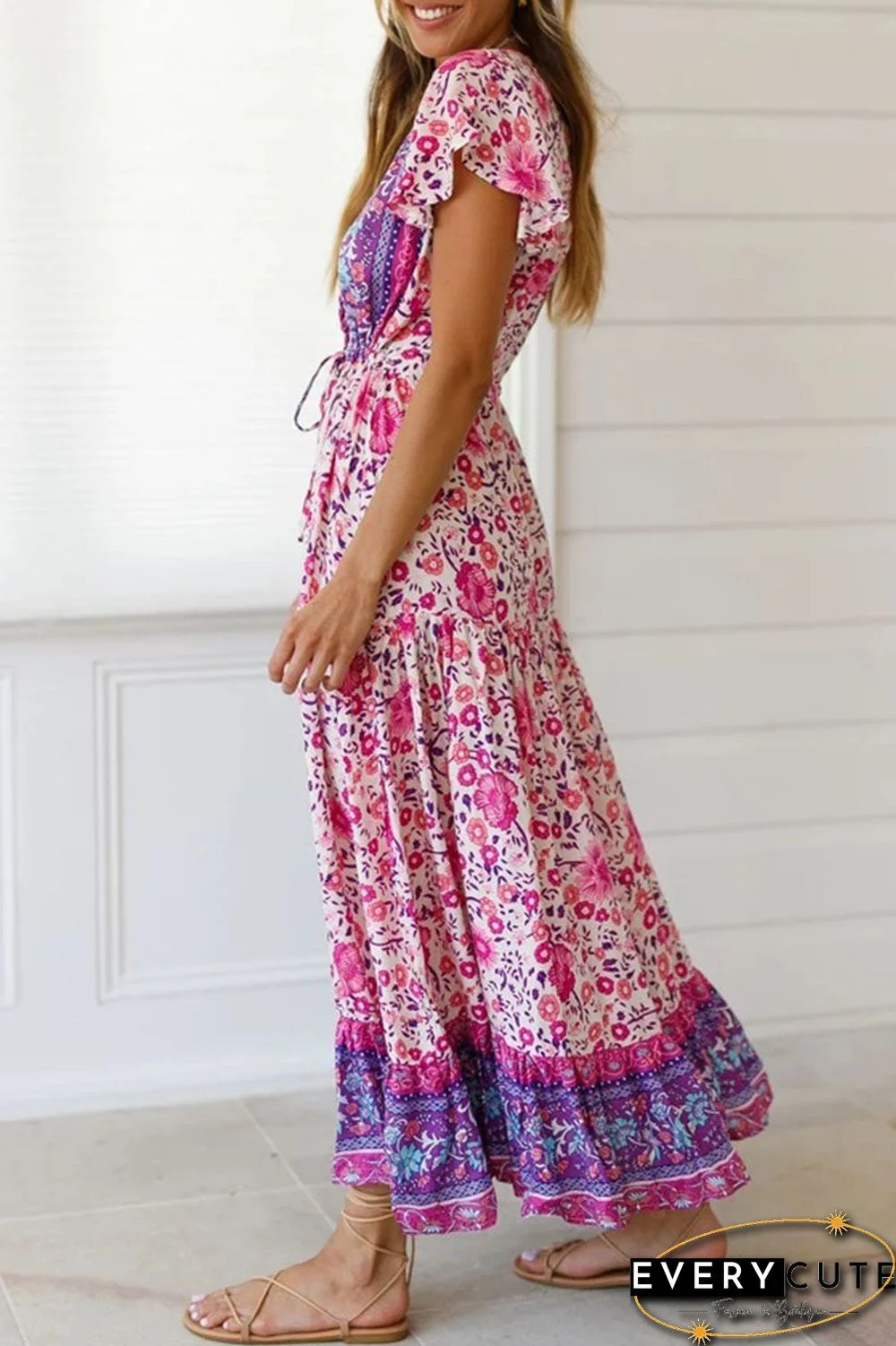 Fashion Street Print Split Joint V Neck Pleated Dresses