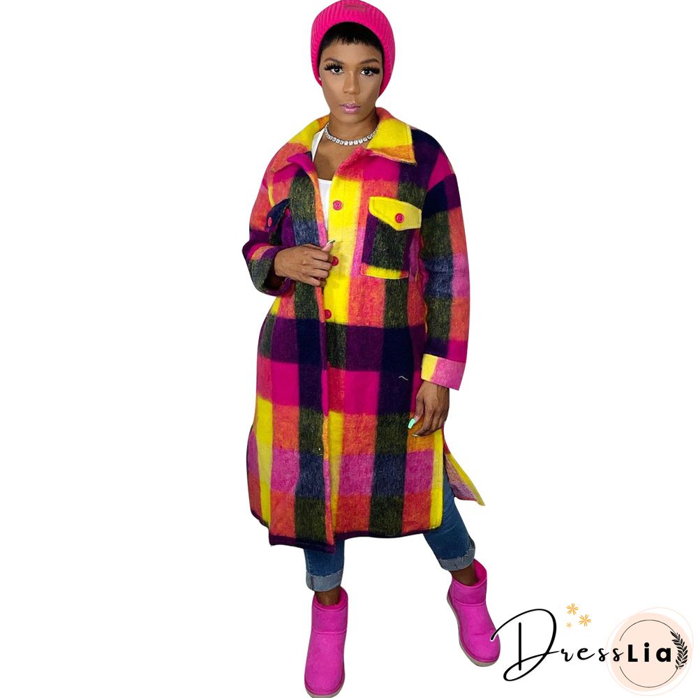 Plaid Lapel Single-breasted Woolen Long Coat