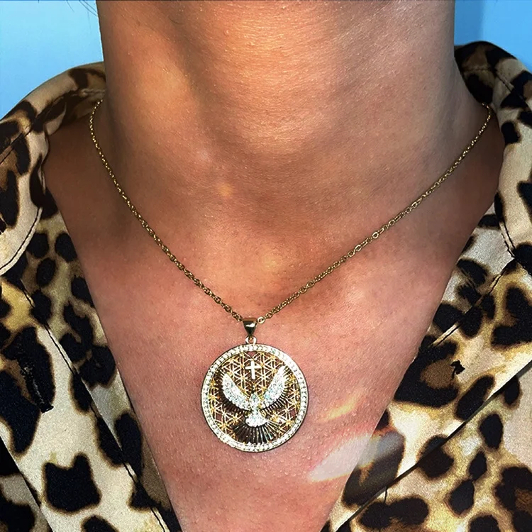 Iced Out Zircon Hollow Cross Flying Eagle Medal Pendant Necklace-VESSFUL