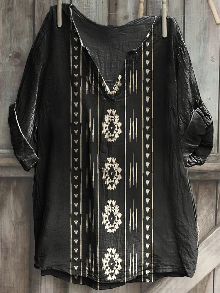 Vintage Aztec Printed Women's Casual Long Sleeve Comfortable Cotton Shirt