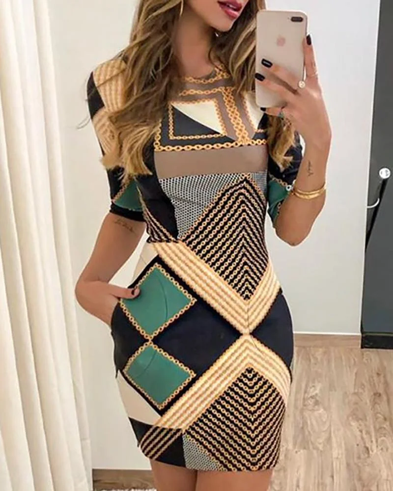 Geo Chain Print Bodycon Dress