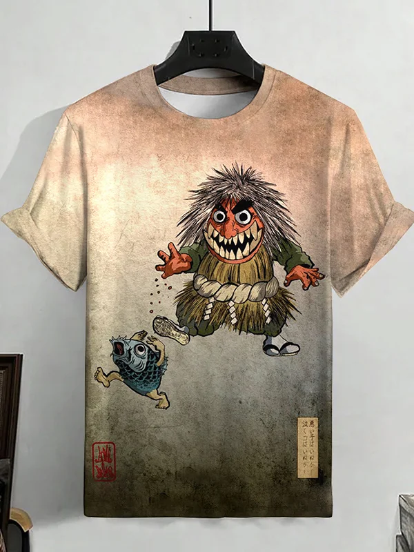 Men's Horror Zombie Muppets Chasing Fish Monster Print Retro T-Shirt