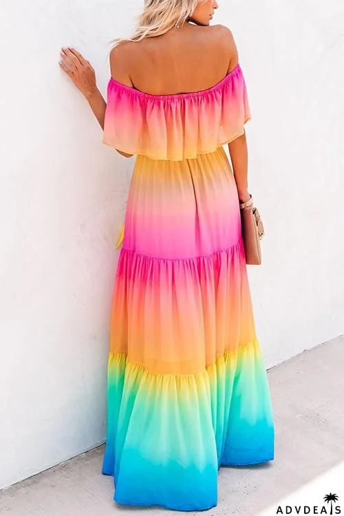Gradient Off Shoulder Belted Maxi Dress