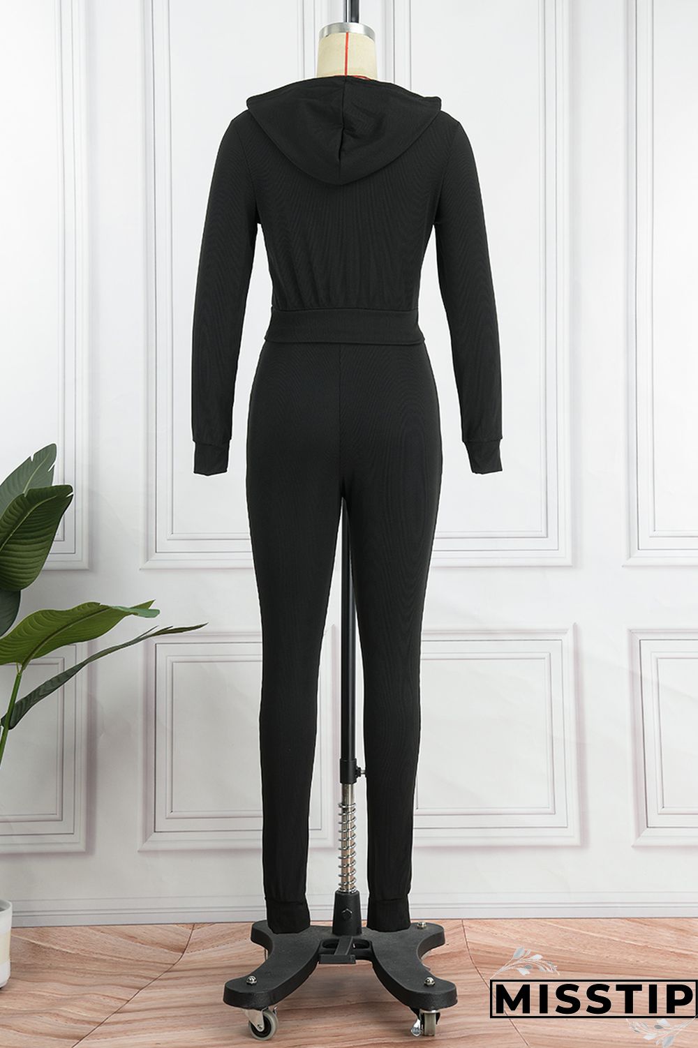 Black Casual Solid Basic Hooded Collar Long Sleeve Two Pieces