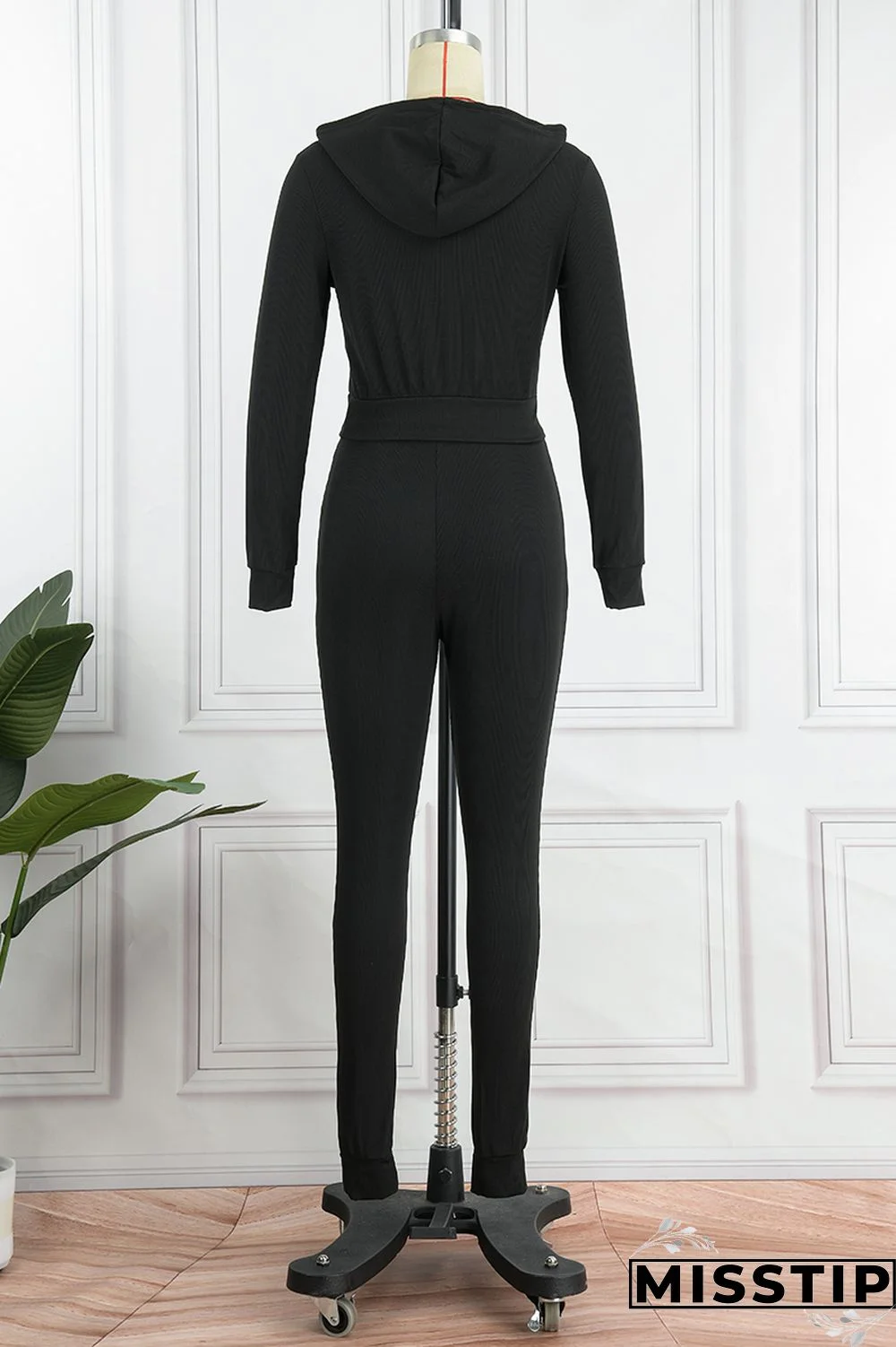 Black Casual Solid Basic Hooded Collar Long Sleeve Two Pieces