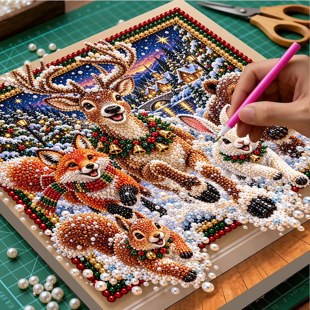 Framed Pearl Painting Kit Sparkling Forest Animals 11.81x11.81in