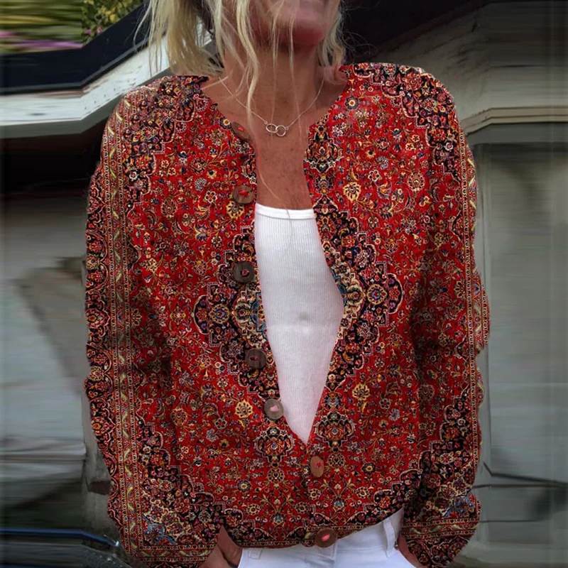 Vintage Geometry Art Print Cozy Buttoned Cardigan Sweater