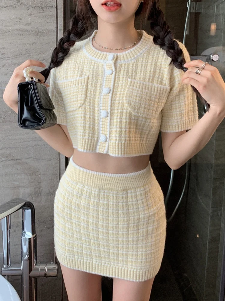 New Summer Fashion Casual Knitted 2 Piece Set Women Cardigan Crop Top + Skirt Suits Sweet Small Fragrance Sweater Two Piece Sets