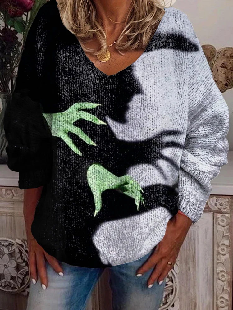 Halloween Witch Print V-Neck Long Sleeve Sweater