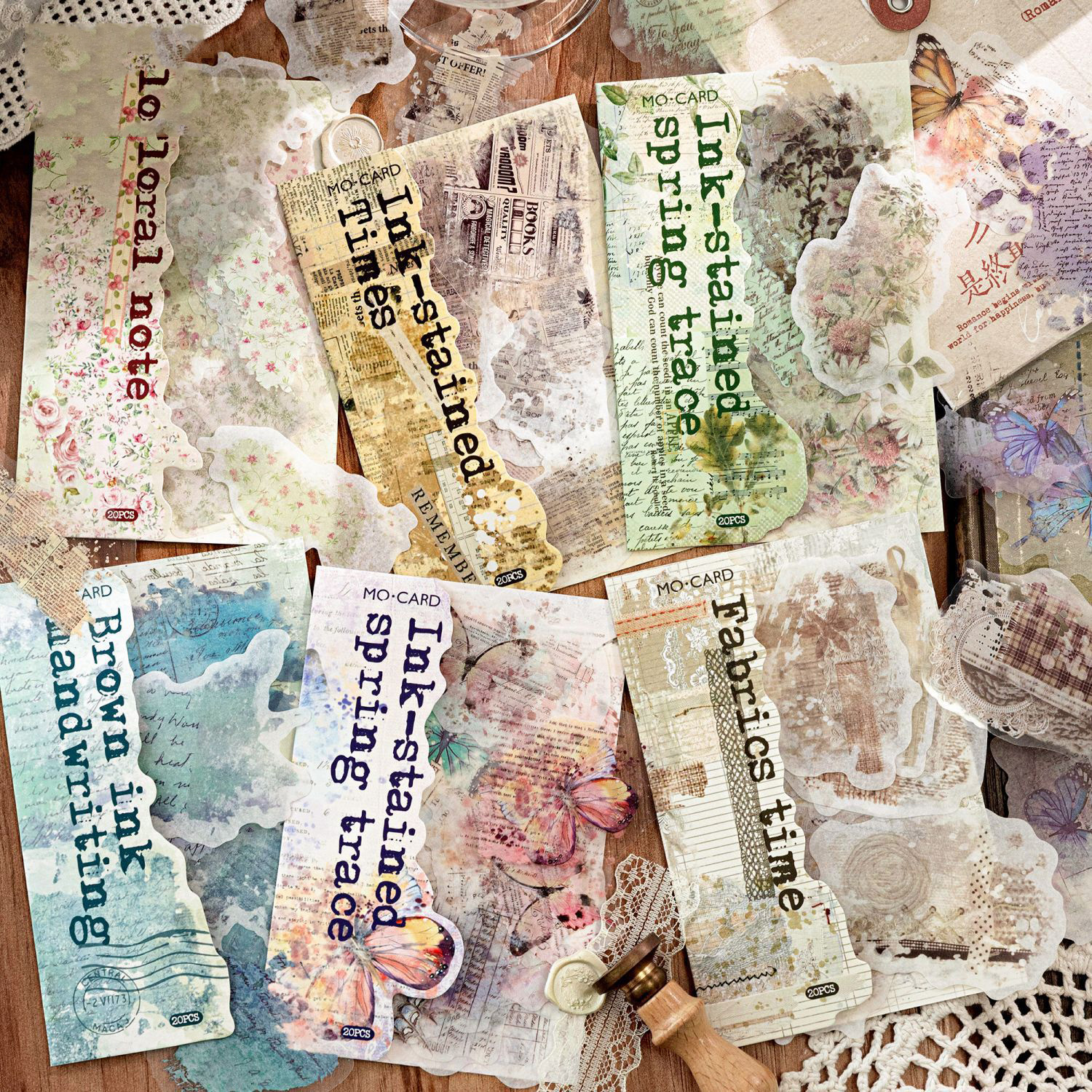 스티커 - 스머징 잉크 트레이스 시리즈 빈티지 레이스 식물 나비 스머지