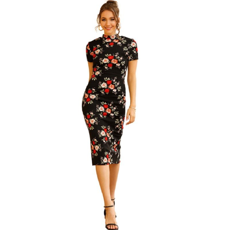 2020 New Sunmmer Chinese Women Short Sleevs Dress BLACK Print Flower Long Dress Slim vintage Dresses Elegant Gown Vestidos