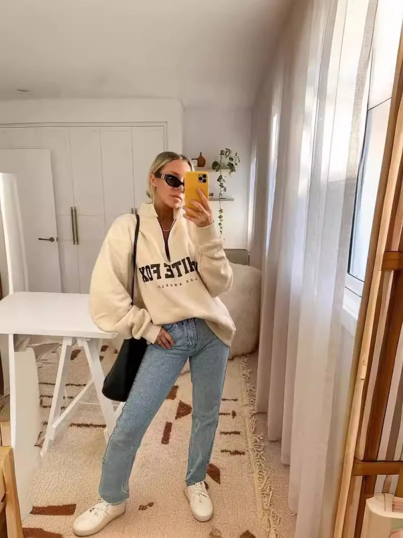 Nigikala Nigikala Autumn And Winter New Leisure Half-Necked Zipper Print Long-Sleeved Jacket