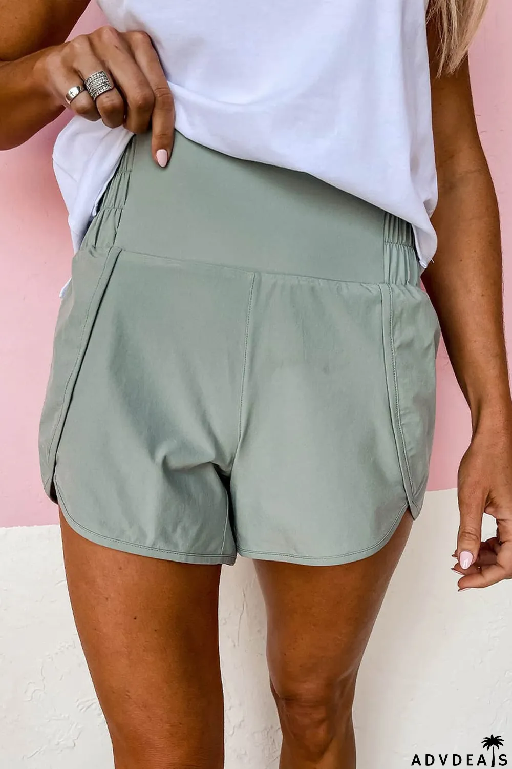 Green Wide Waistband Active Sports Casual Shorts