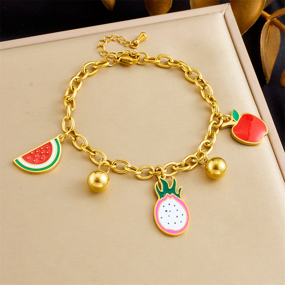 Cute Cartoon Fruit Oil Drop Accessories Dragon Fruit Watermelon Apple Pendant Chain Stainless Steel Bracelet Crystal
