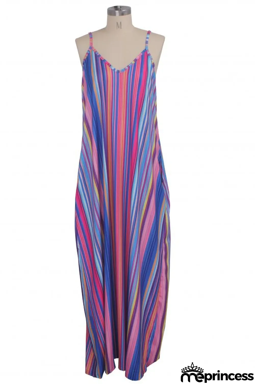 Green Polyester Sexy Fashion Tank Sleeveless Slip A-Line Floor-Length Print asymmetrical Striped Patchwork