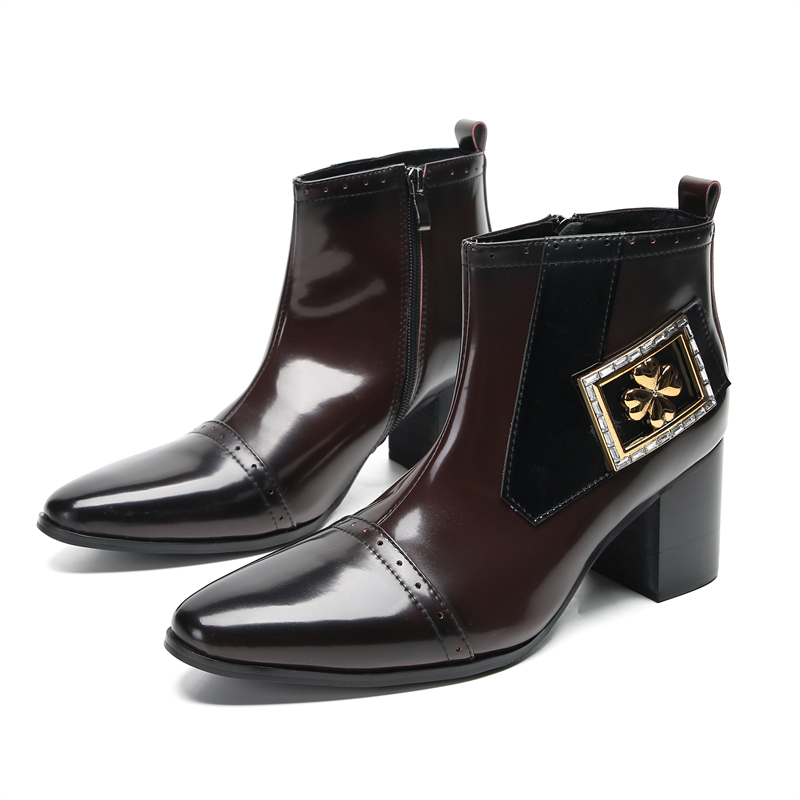 VCSHOES Men High Heel Pointed Toe Shoes Metal Decoration Cowboy Dress Boots Patent Leather Ankle Short Boots Large Size 38-47