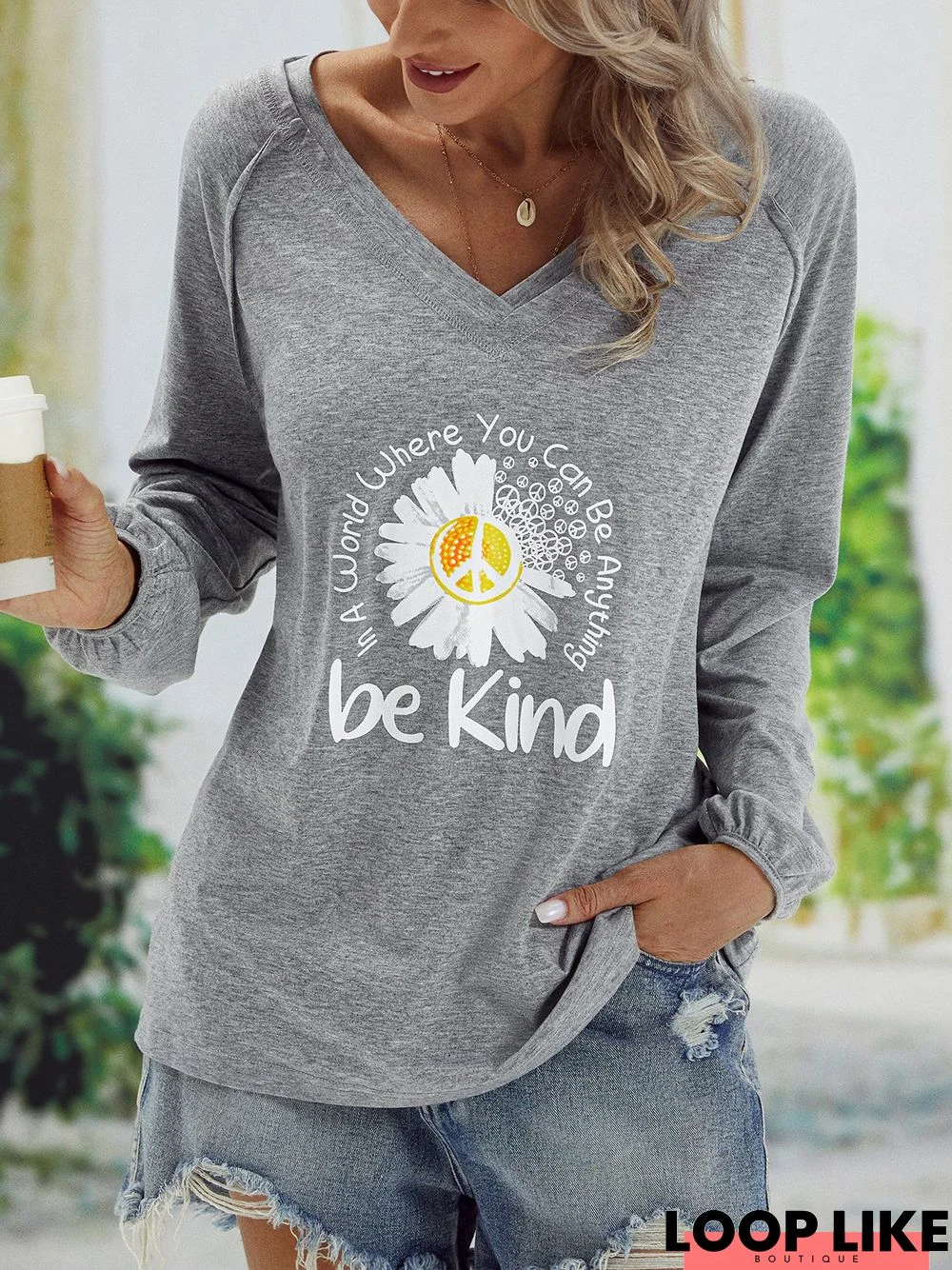 Casual V neck Long Sleeve Printed Tunic T-Shirt