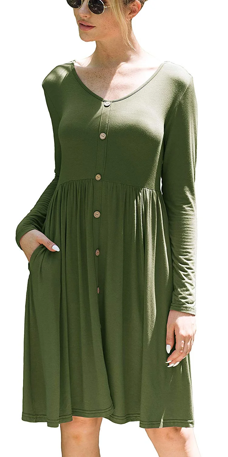 Women's Long Sleeve V Neck Button Casual Plain Swing Dresses Wasp Down A-Line Dress with Pockets
