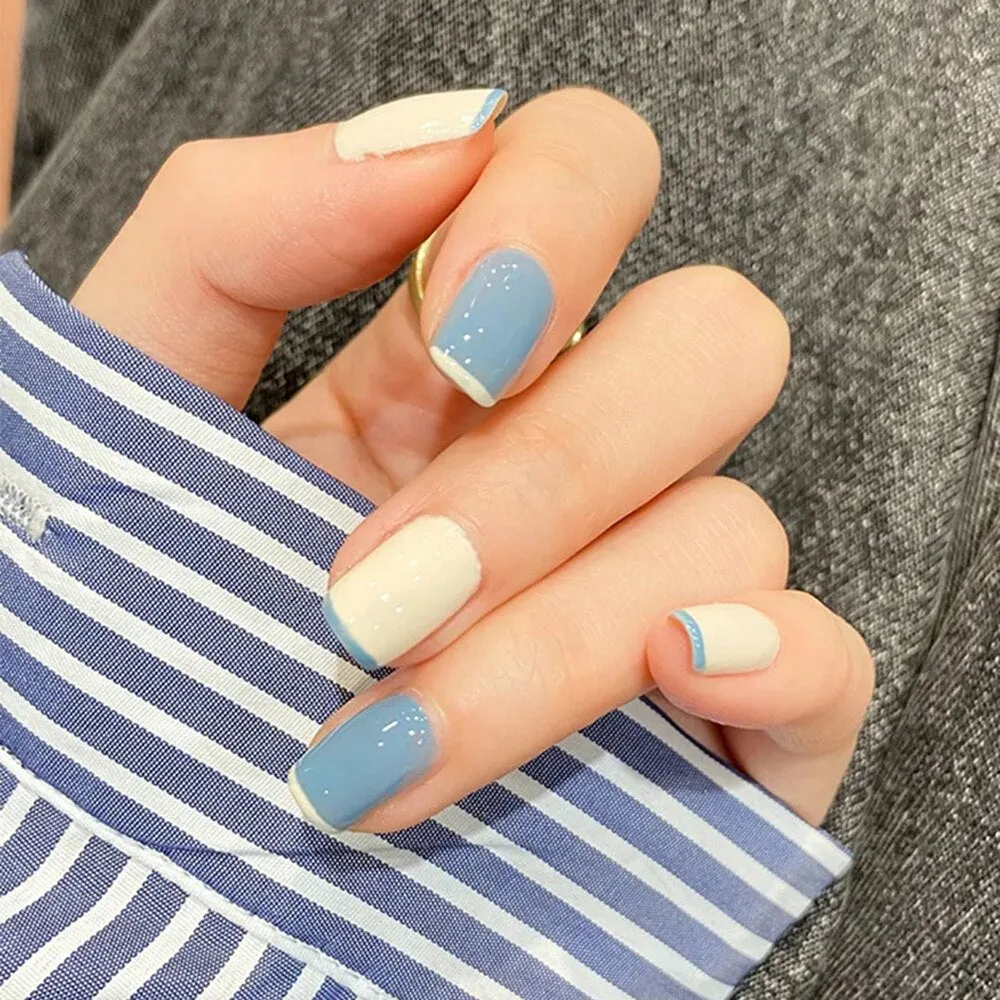 24pcs Detachable False Nails French with Black Line Fake Nails Full Cover Nail Art Tips Press on Nails with Glue Manicure Tools 515-1-Nail Inspo