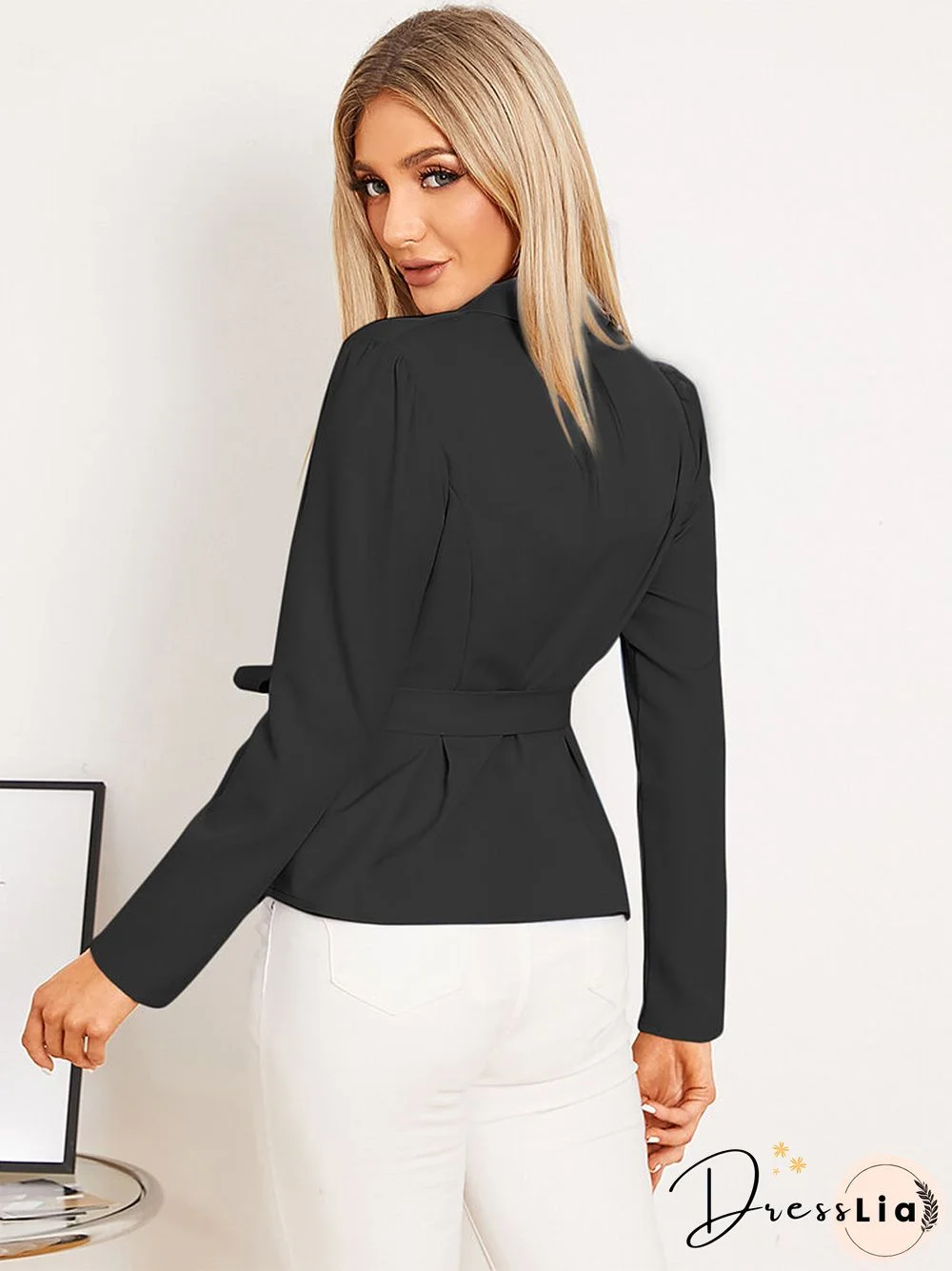 Solid Belt Long Sleeve Lapel Blazer For Women