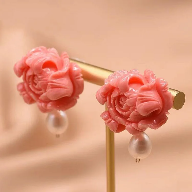Regular Red Sterling Silver Pearl Floral Stud Earrings