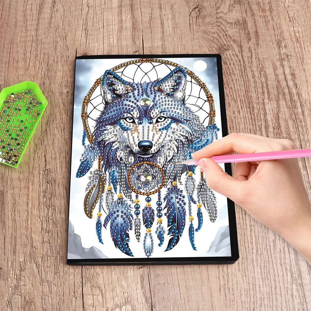 Animal Diamond Painting Notebook DIY Diamond Art Diary Book(Dreamcatcher Wolf B)