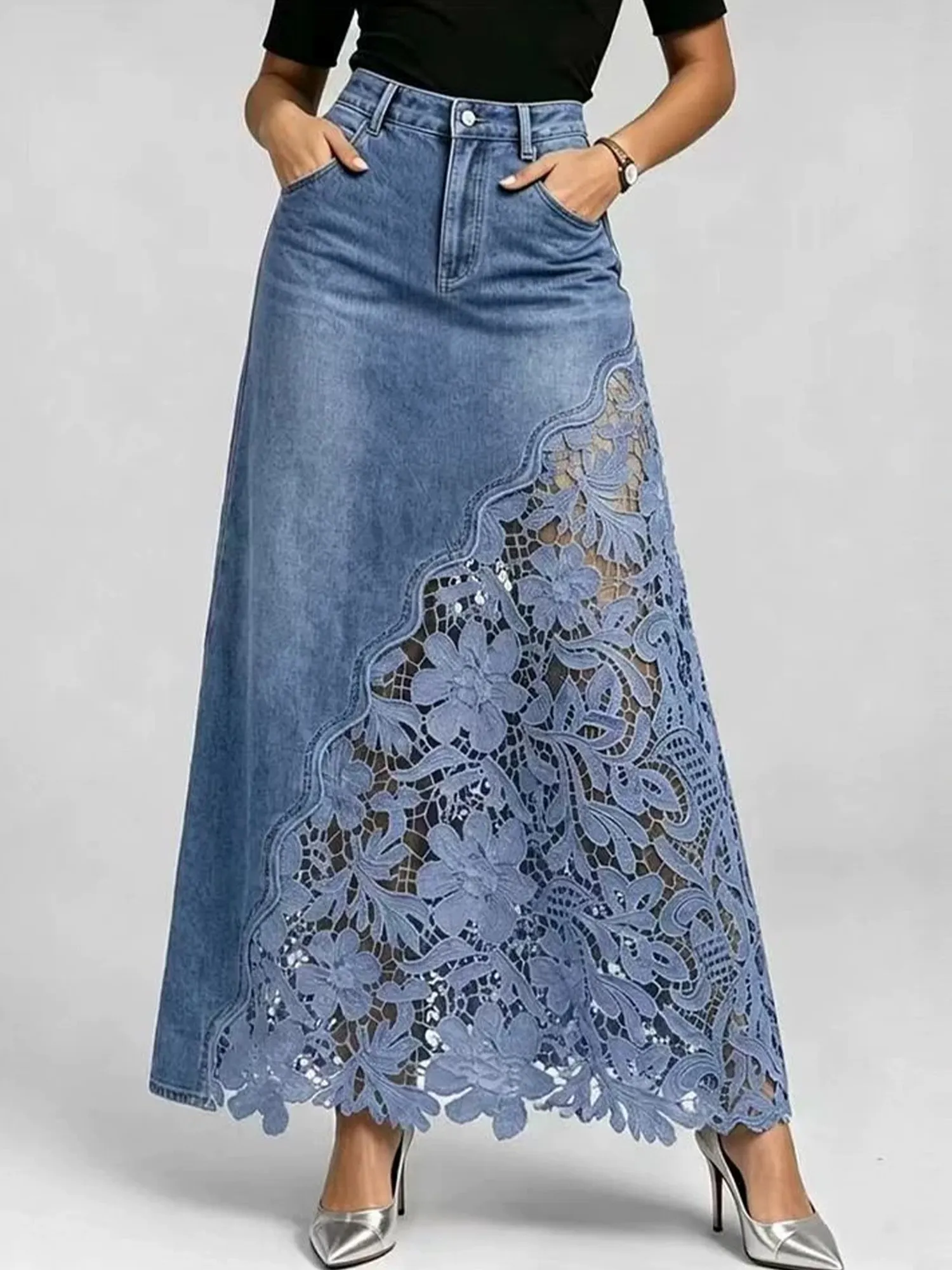 Everyday Outfit &mdash; Asymmetrical Lace Trim Slim Fit Denim Skirt