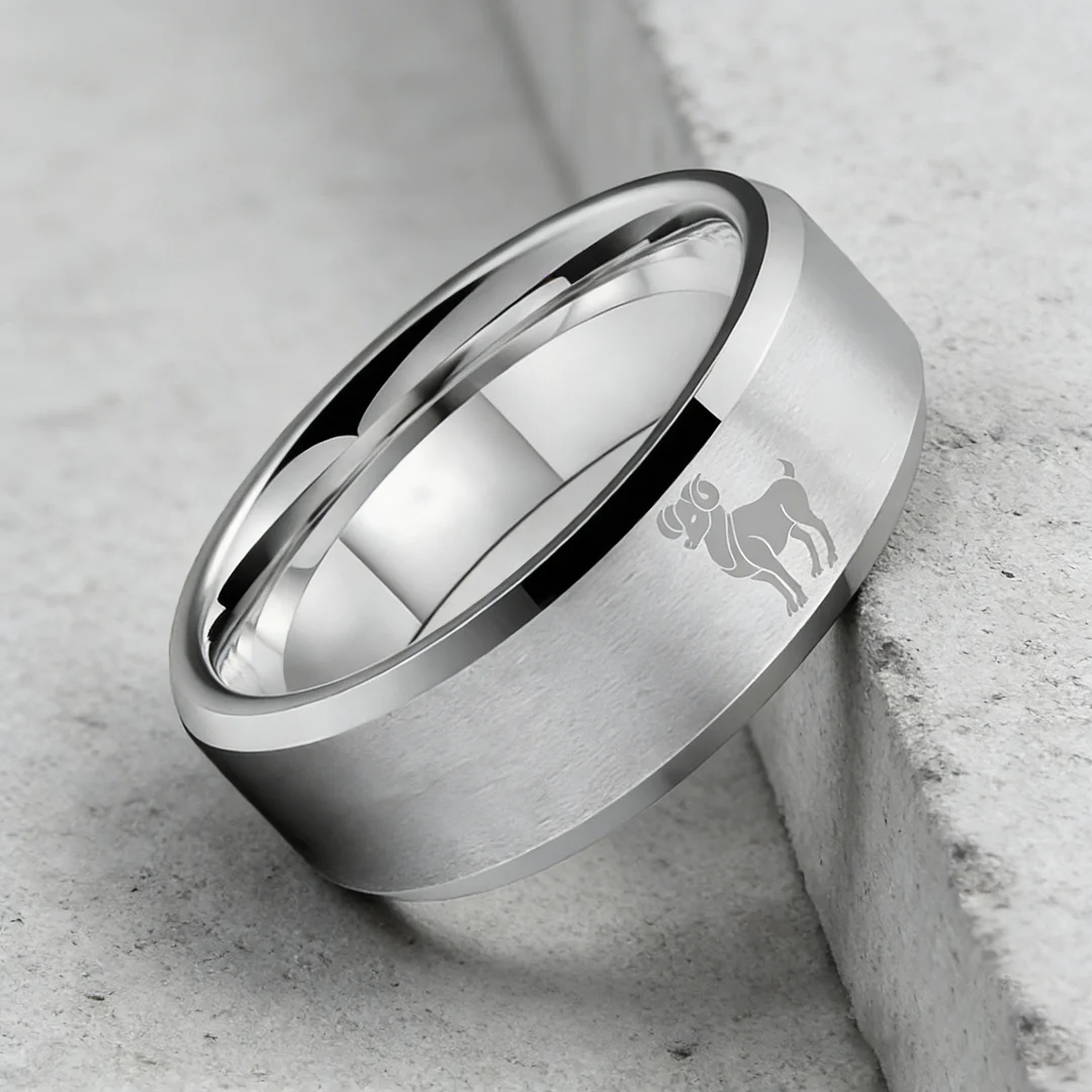 Sliver Aries Couple Wedding Bands Beveled Edges Laser Etched Tungsten Carbide Ring 4MM 6MM 8MM Width