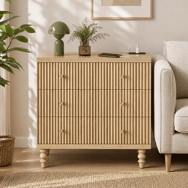 Bestier Fluted Storage Cabinet with 3 Drawers and Charging Station, Soft-Close Accent Cabinet with Solid Wood Legs for Entryway, Hallway, Living Room & Home Office, Natural Oak